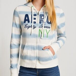 Aeropostale White and Blue Striped Zip-Up
